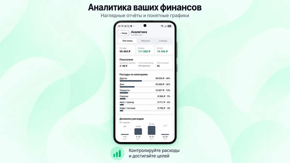 Промоизображение «Мои финансы»: аналитика, суммы и расходы по категориям